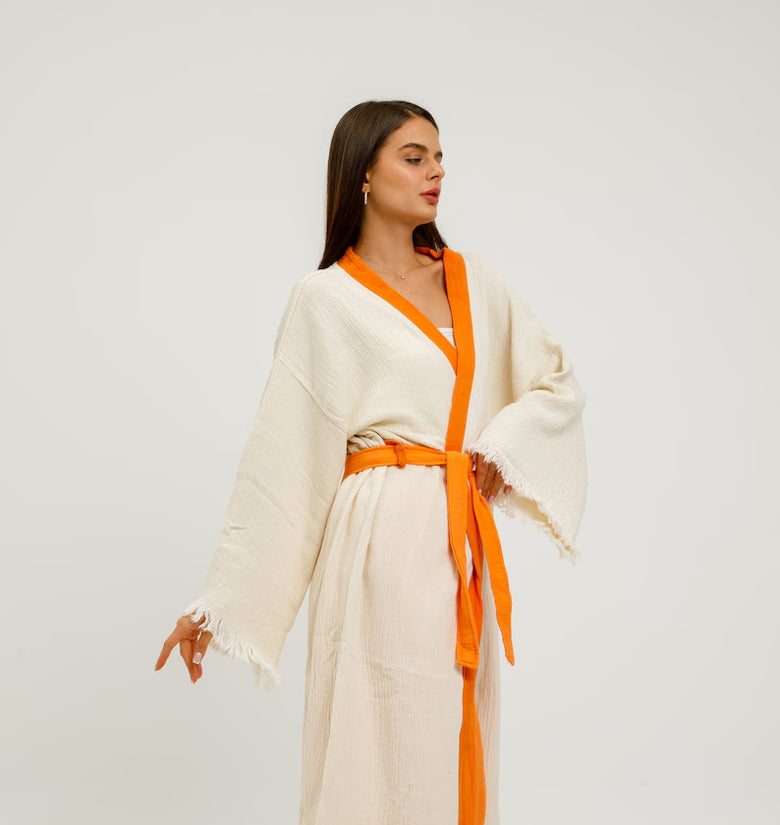 Boho Evil Eye Cotton Linen Kimono, Ethnic Kaftan,Organic Cotton Bathrobe, Muslin Robe