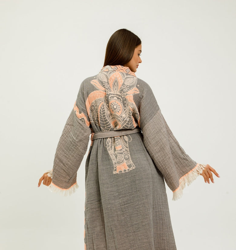 Linen Kimono,Ethnic Kaftan, Organic Elephant Print Kimono,Organic Cotton Bathrobe, Muslin Robe