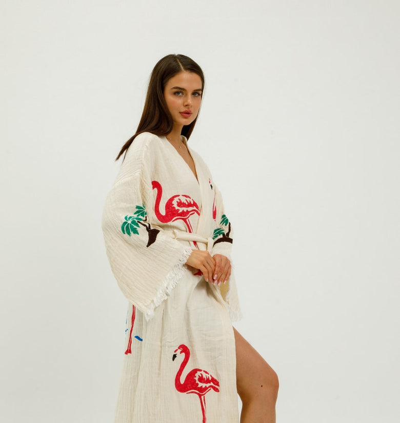 Organic Flamingo Print Kimono, Ethnic Kaftan,Organic Cotton Bathrobe, Muslin Robe