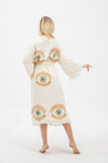 Boho Evil Eye Cotton Linen Kimono Robe, Ethnic Kaftan,Organic Cotton Bathrobe, Muslin Robe