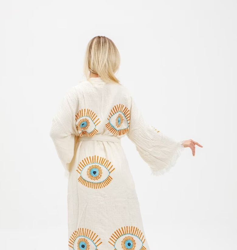 Boho Evil Eye Cotton Linen Kimono Robe, Ethnic Kaftan,Organic Cotton Bathrobe, Muslin Robe