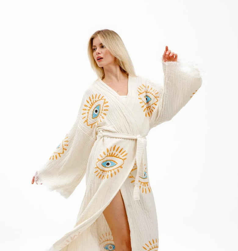 Handmade Evil Eye Muslin Kimono, Ethnic Kaftan, Dressing Gown, , Organic Cotton Bathrobe, Yoga Robe, Muslin Boho Cardigan