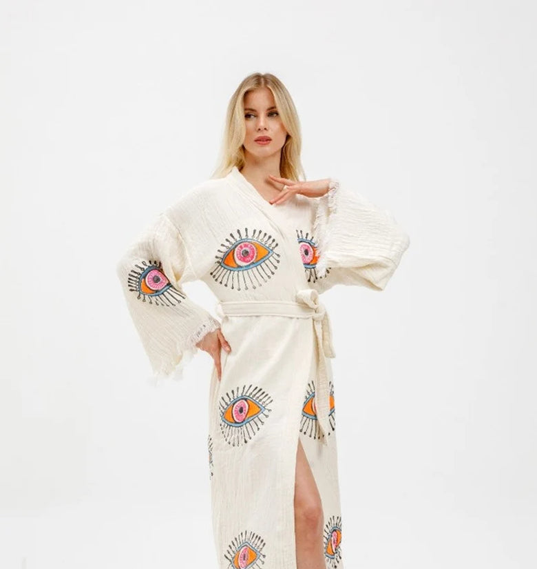 Linen Kimono, Evil Eye Kimono Robe, Ethnic Kaftan,Organic Cotton Bathrobe, Muslin Robe,Spa Robe