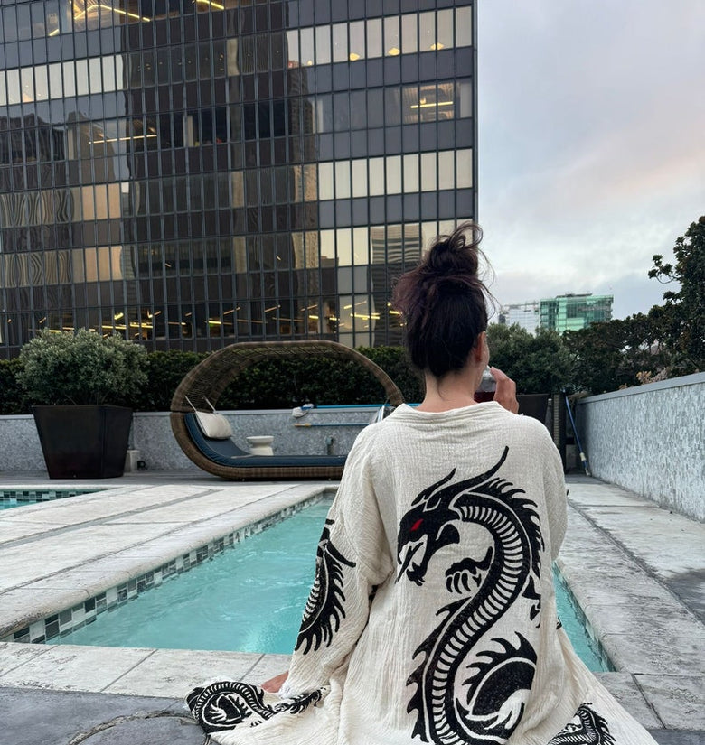 Kimono robe,Handmade Organic Cotton Dragon Print Unique Kimono, Boho Festival Robe, Pool, Spa Robe, Beachwear Kimono