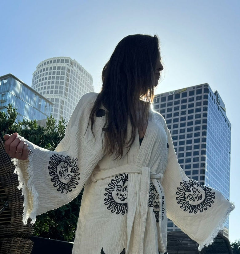 Boho Kimono Set, Handmade Ethnic Kaftan, Organic Cotton Bathrobe, Muslin Robe,Spa Robe,Yoga Robe,Festival Outfit