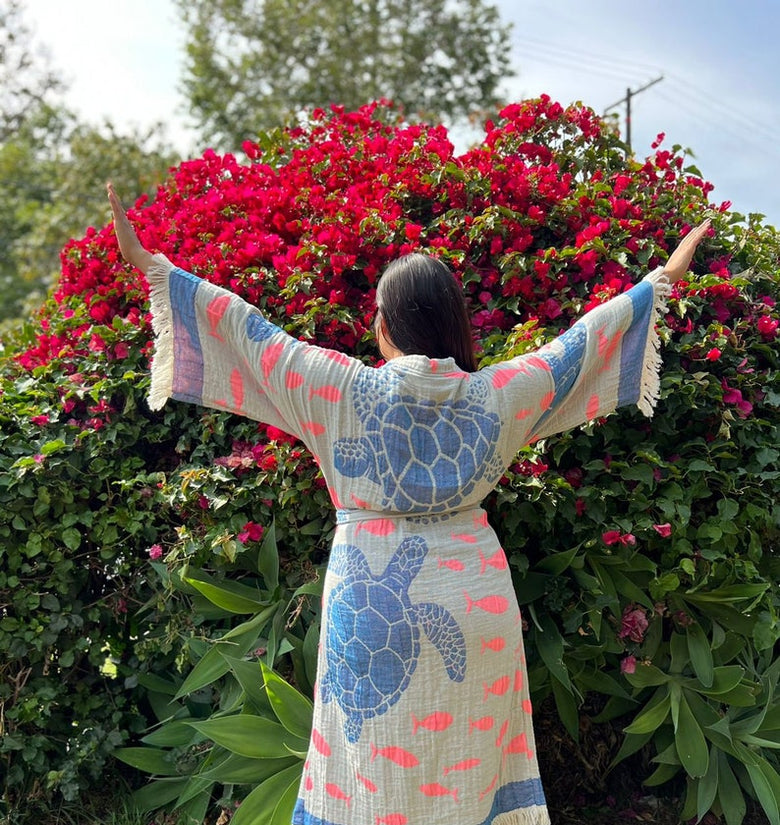 Handmade Kaftan, Organic Turtle Print Kimono,Organic Cotton Bathrobe, Muslin Robe,Spa Robe